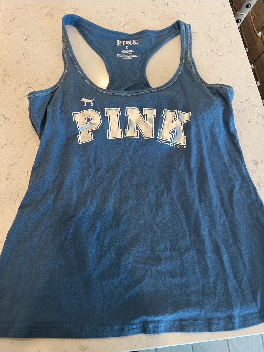 PINK Victoria's Secret Blue Racerback Tank with Silver Logo